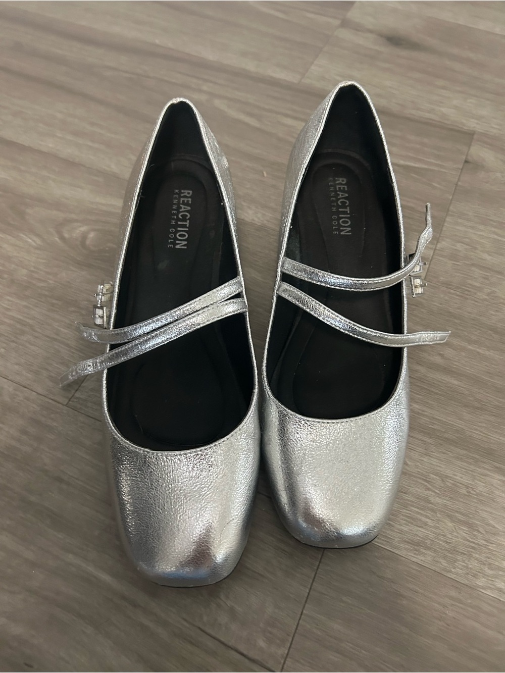 Kenneth Cole Silver Double-Strap Mary Jane Flats